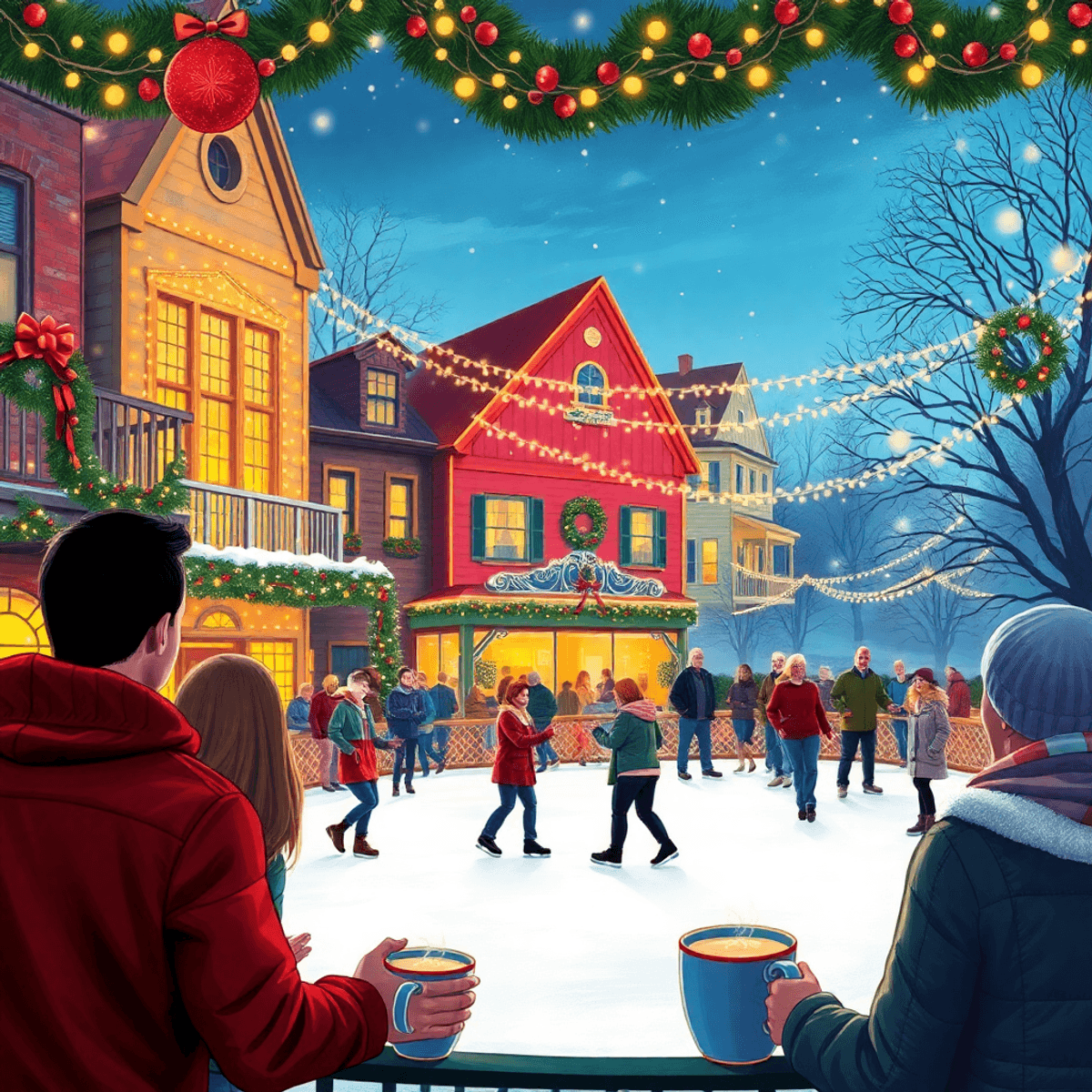 A charming Southern town scene with twinkling holiday lights, an ice skating rink filled with people enjoying themselves, and festive decorations, ...