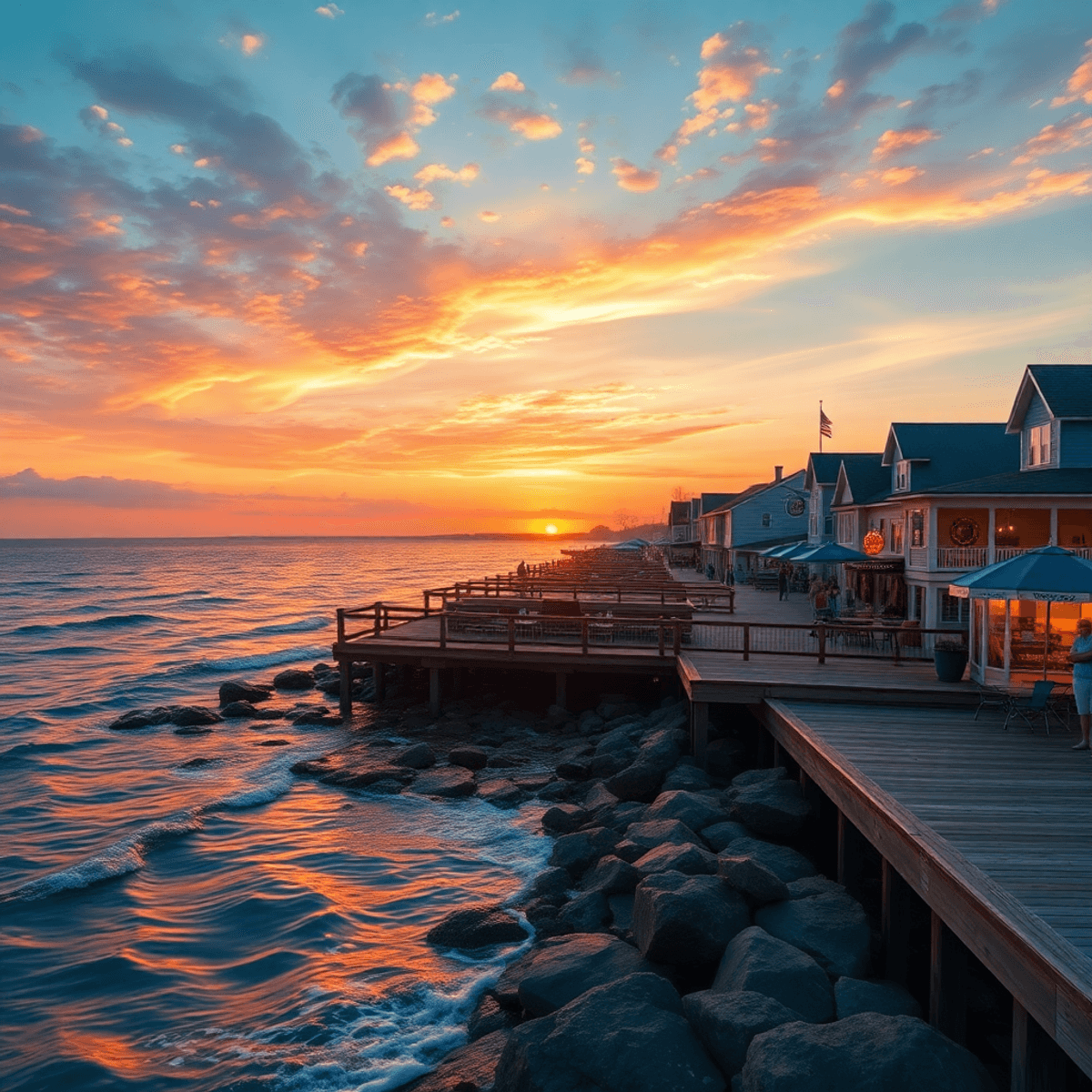 A serene waterfront in Lillian, Alabama, with gentle waves and a vibrant sunset, showcasing local shops and community gatherings, evoking warmth an...