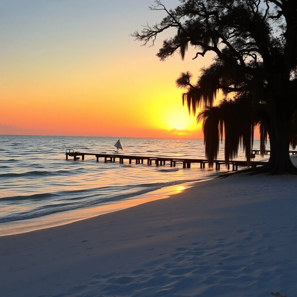 A tranquil sunset over Mobile Bay, with gentle waves on white sand beaches and ancient oak trees draped in Spanish moss, evoking Southern charm and...