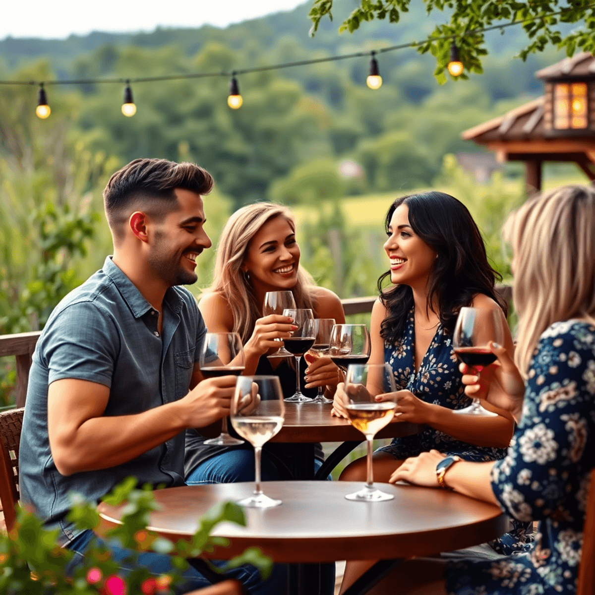 A cozy outdoor wine tasting event with a group of singles enjoying wine, laughing, and conversing amidst lush greenery and rustic charm.