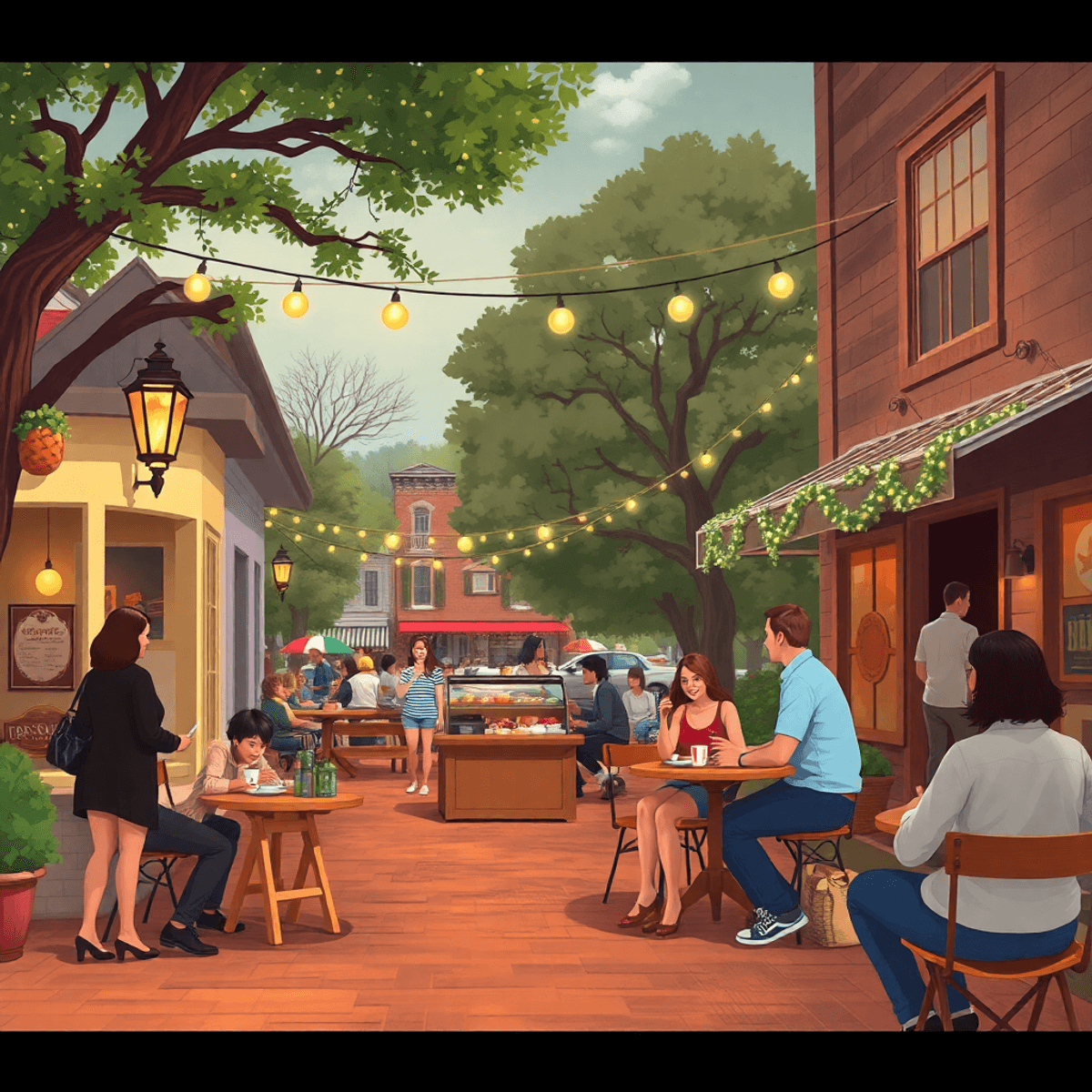 A charming Southern town square in Thomasville, Alabama, featuring a quaint coffee shop and festive decorations, with people enjoying the warm comm...
