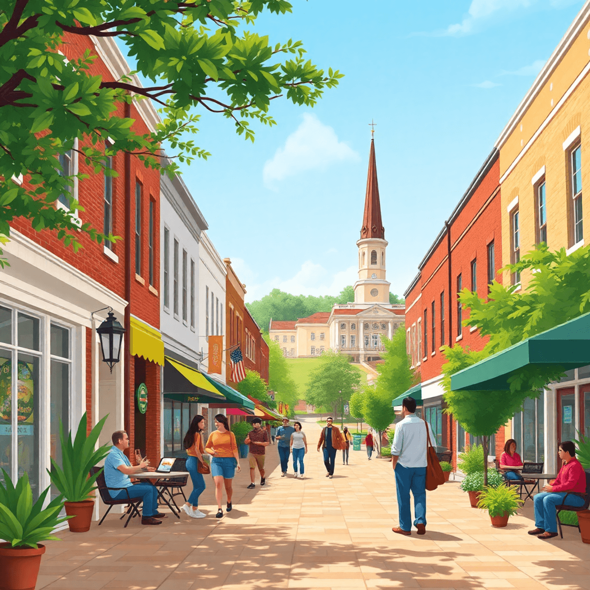A lively small-town street in Livingston, Alabama, showcasing the University of West Alabama campus with people enjoying outdoor activities and soc...