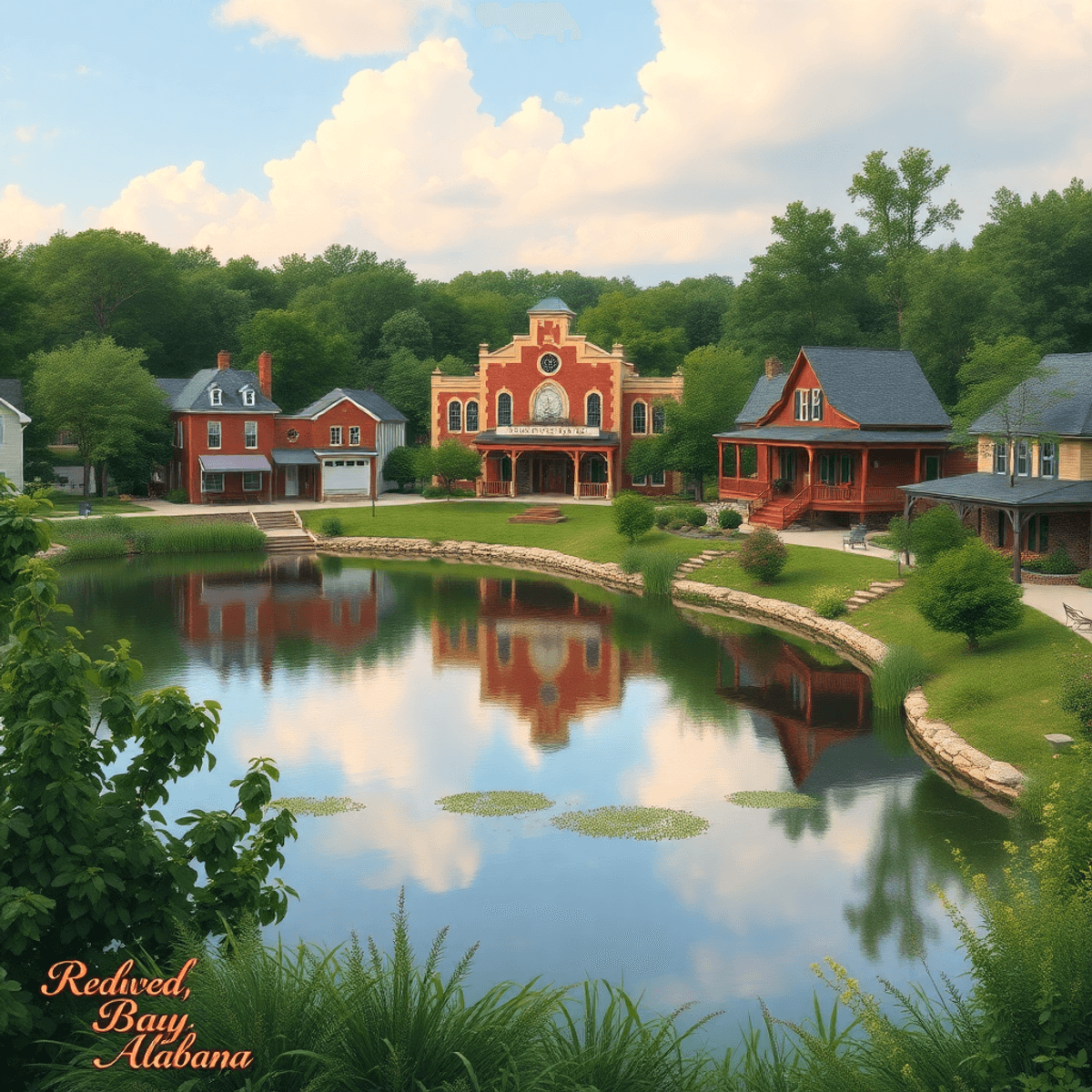 A serene lake surrounded by lush greenery, with a historic theatre in the background, capturing the charm and warmth of a small-town scene in Red B...