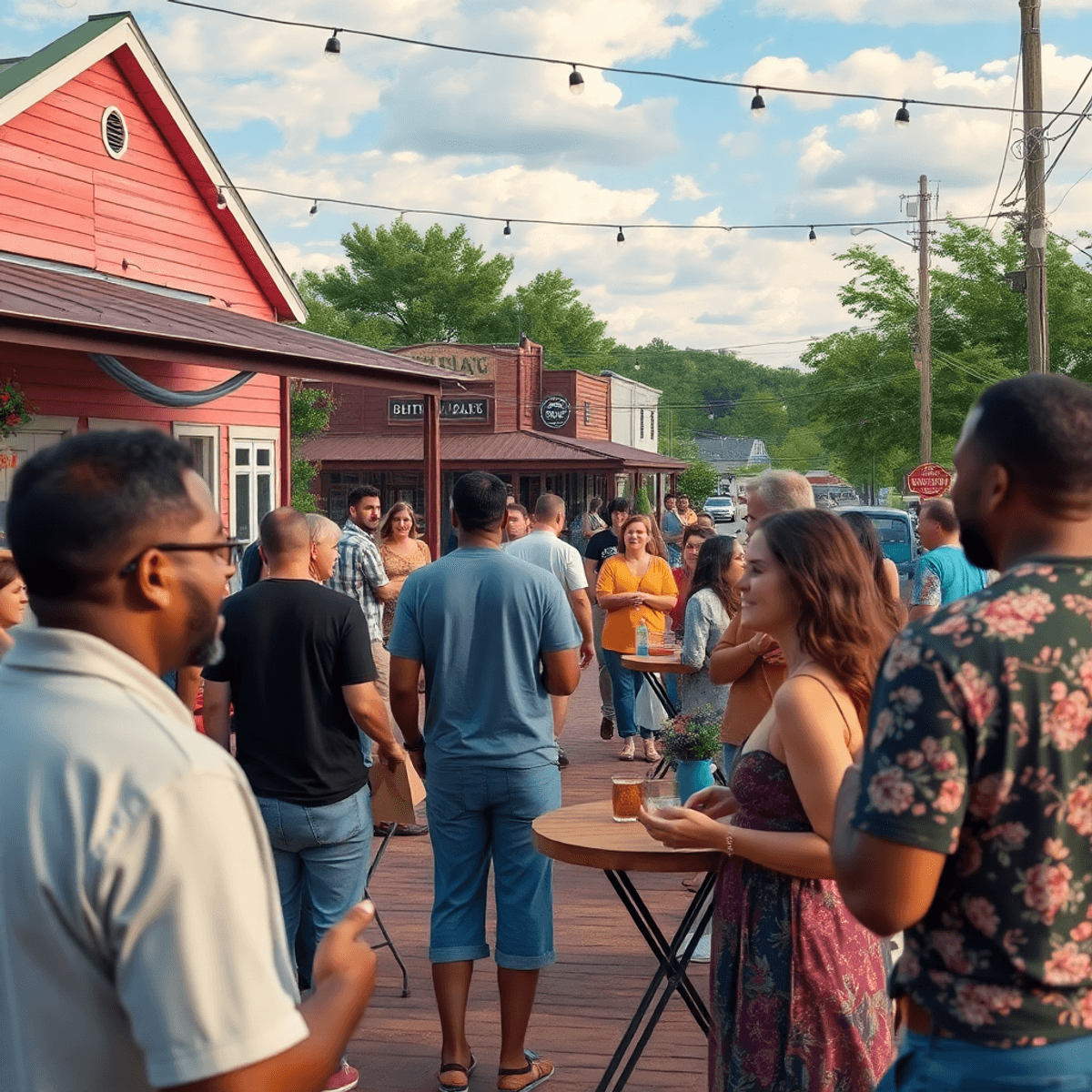 A lively outdoor community event in a small town, with people mingling, enjoying activities, and sharing laughter amidst scenic nature typical of A...