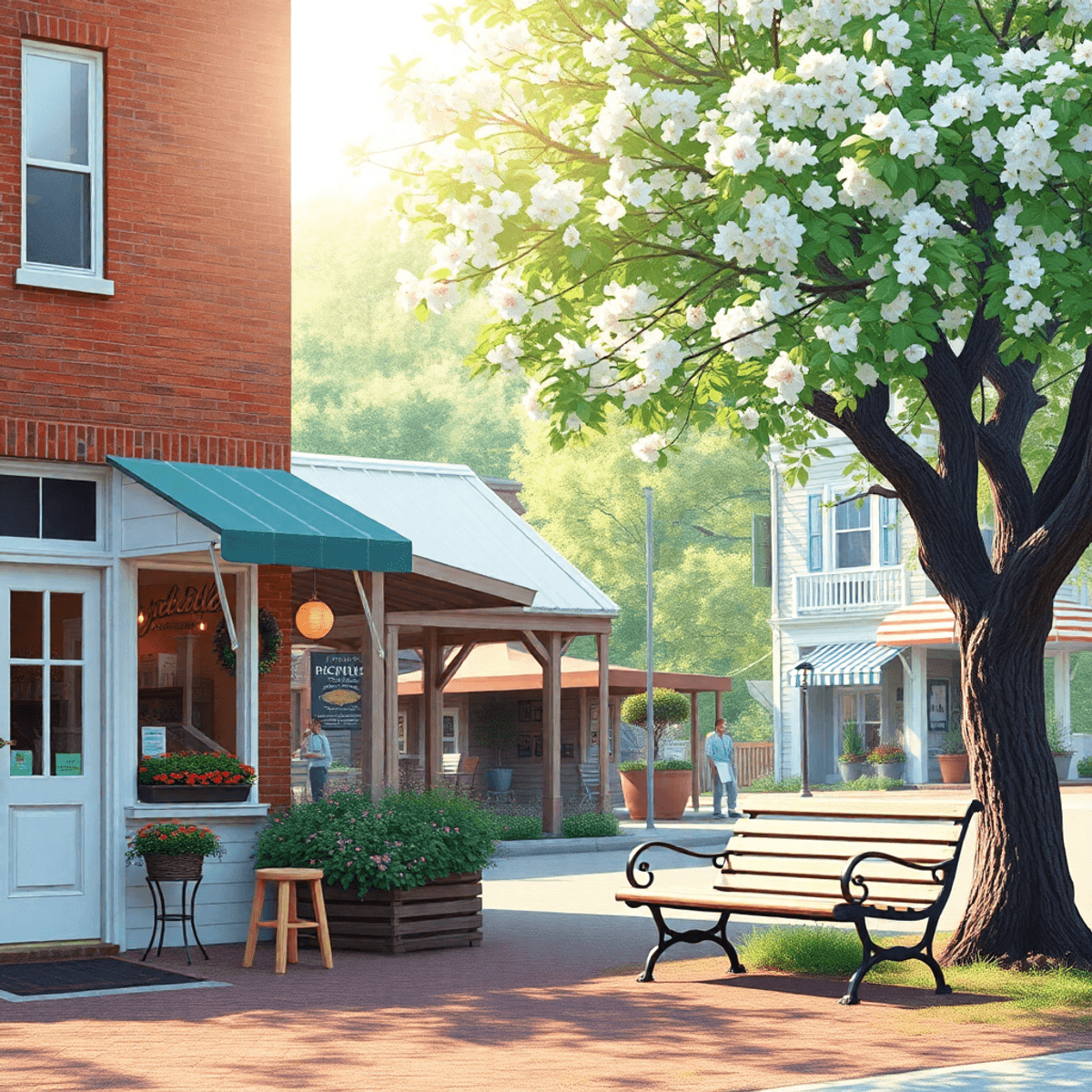 A charming small-town scene in Priceville, Alabama, showcasing a cozy café and a park bench under a blooming tree with soft sunlight filtering thro...
