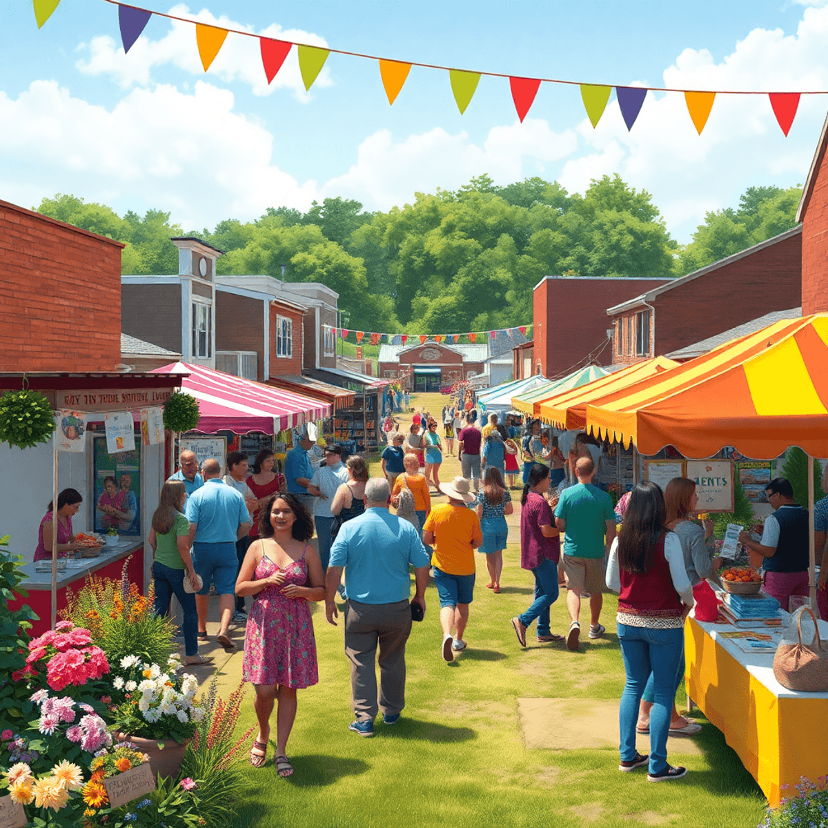 A lively outdoor festival in a small town, with colorful booths, people mingling, enjoying music, surrounded by greenery, flowers, food stalls, and...