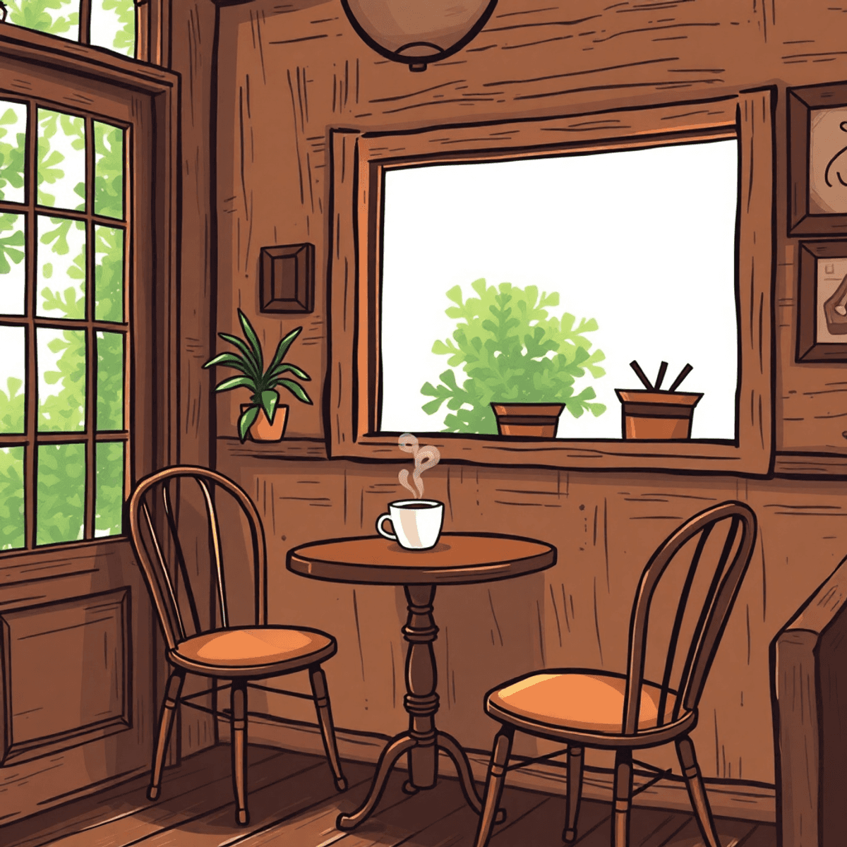A cozy coffee shop in Alabama with rustic decor, a steaming cup of coffee on a small table, two chairs, and a window revealing lush greenery outside.