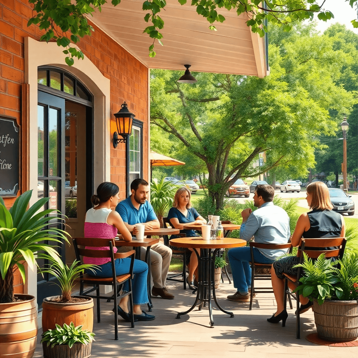 A cozy small-town café with outdoor seating, surrounded by greenery, where people enjoy coffee and engage in friendly conversation, reflecting a re...