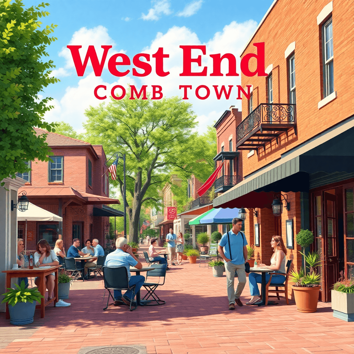 A charming small-town street in West End-Cobb Town, Alabama, with inviting cafes and people enjoying casual conversations outdoors, creating a warm...