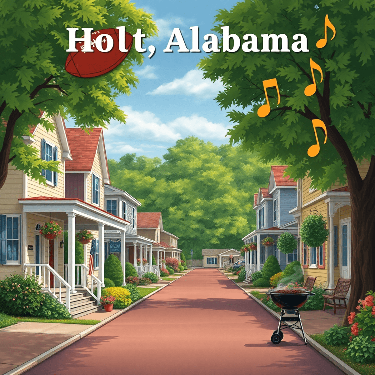 A cozy Southern street in Holt, Alabama, lined with charming homes and greenery, featuring symbols of local culture like a football, barbecue grill...