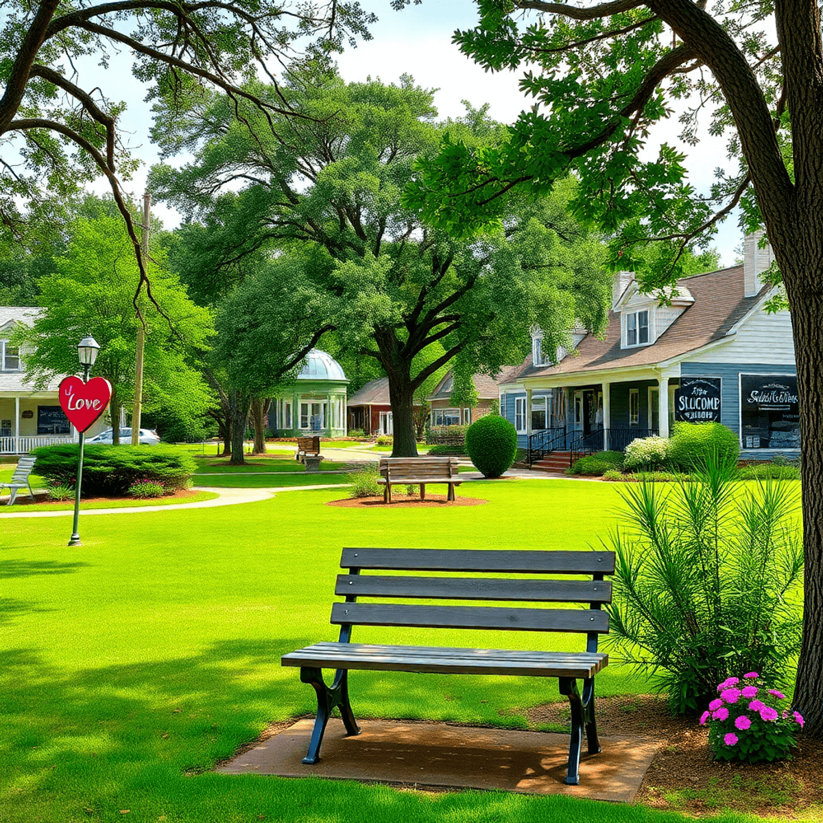 A picturesque park in Slocomb, Alabama, with lush greenery, a cozy bench, heart-shaped sign, and flowers, creating a warm and inviting atmosphere o...