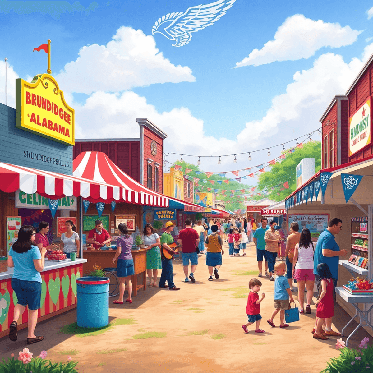 A lively small-town festival in Brundidge, Alabama, with colorful booths, food vendors, families enjoying games, live music, banners, spring flower...