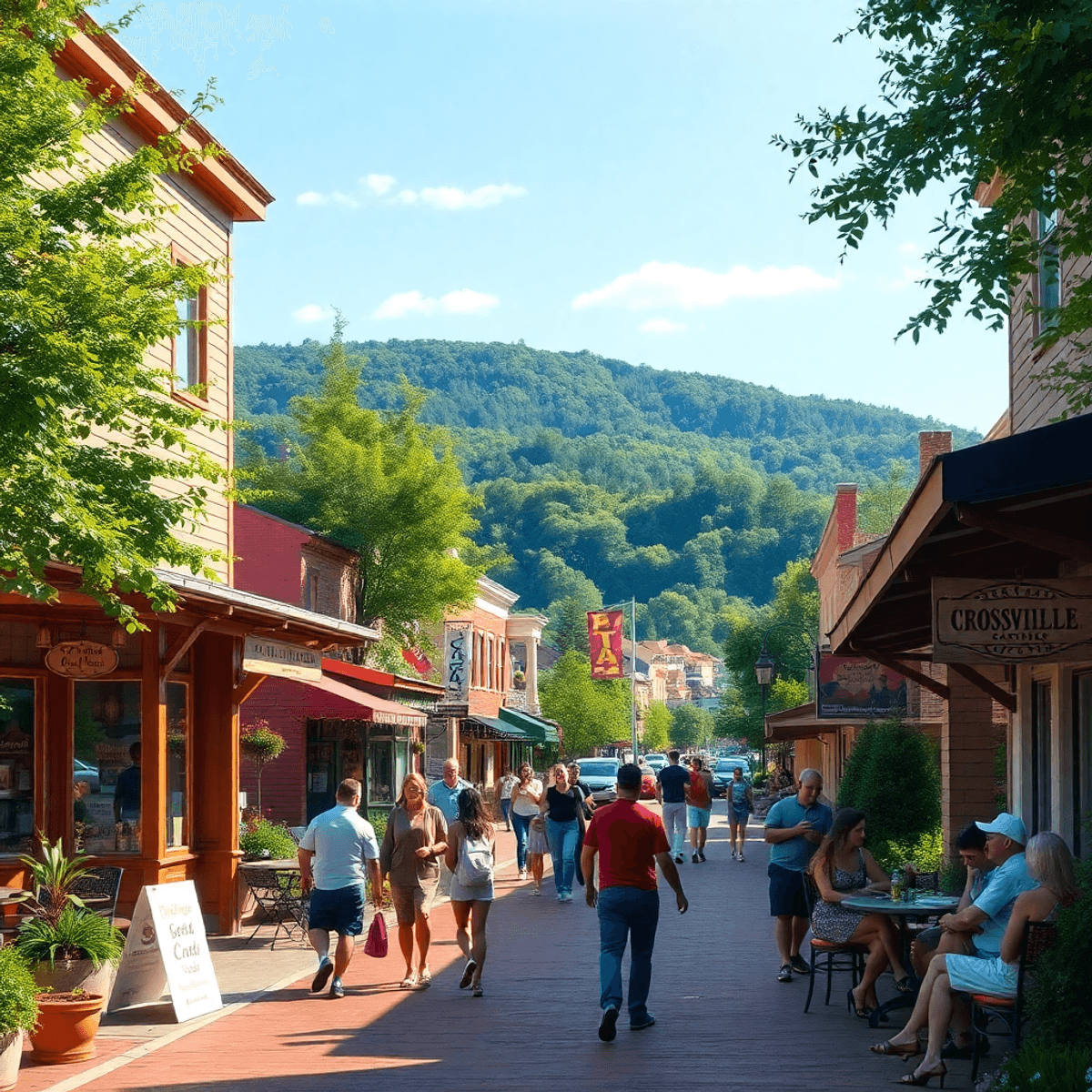 A charming small-town street in Crossville, Alabama, featuring cozy cafes, vibrant community spaces, and lush greenery, with people enjoying social...
