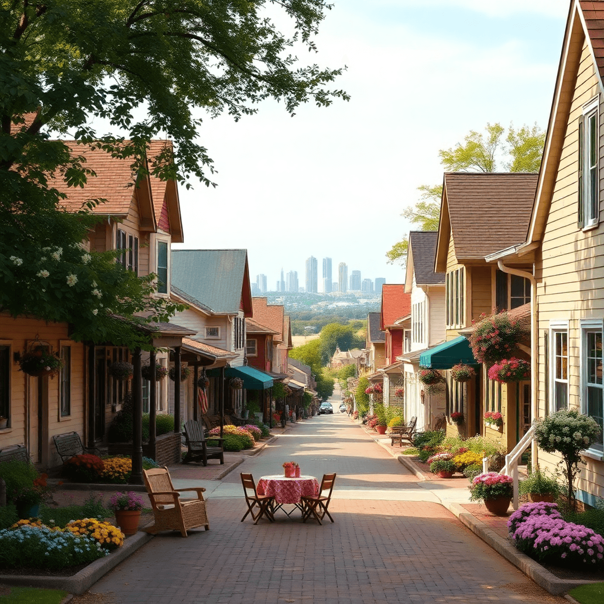 A cozy small-town street with charming houses and blooming flowers, featuring a picnic setup and the distant skyline of Birmingham, blending local ...