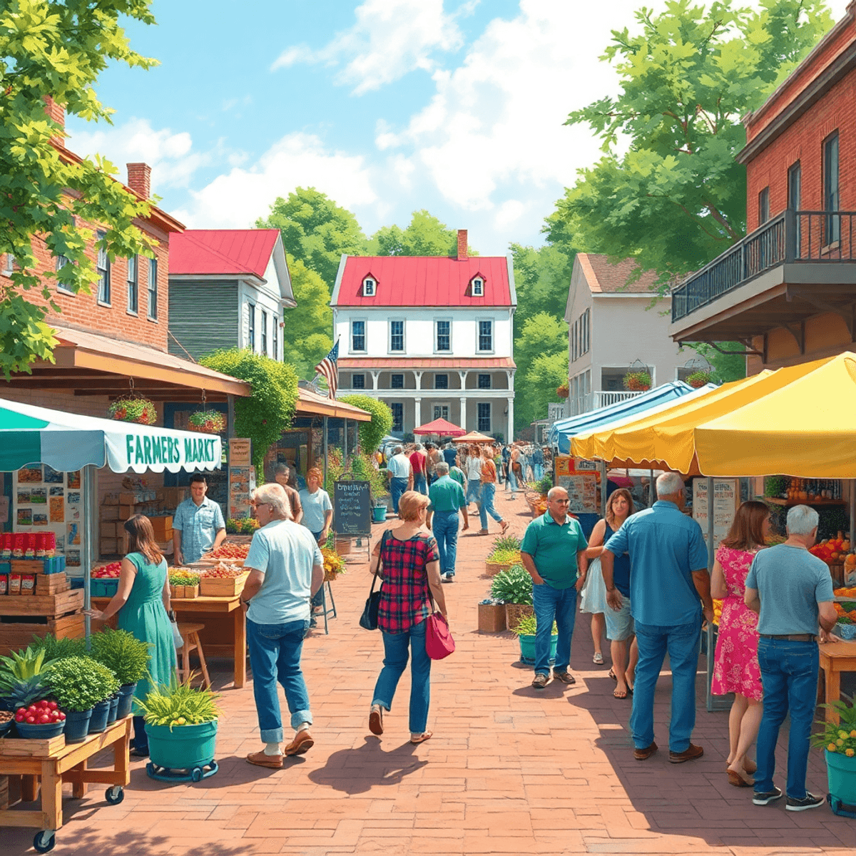 A lively Southern town square filled with colorful stalls at a farmers' market, showcasing fresh produce and crafts, with people mingling amidst ch...