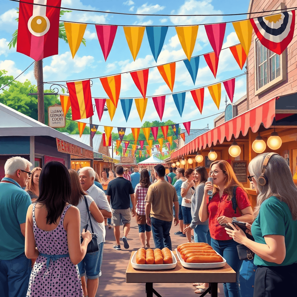 A lively small-town festival in Elberta, Alabama, with colorful banners, food stalls serving German sausages, and people enjoying music and convers...