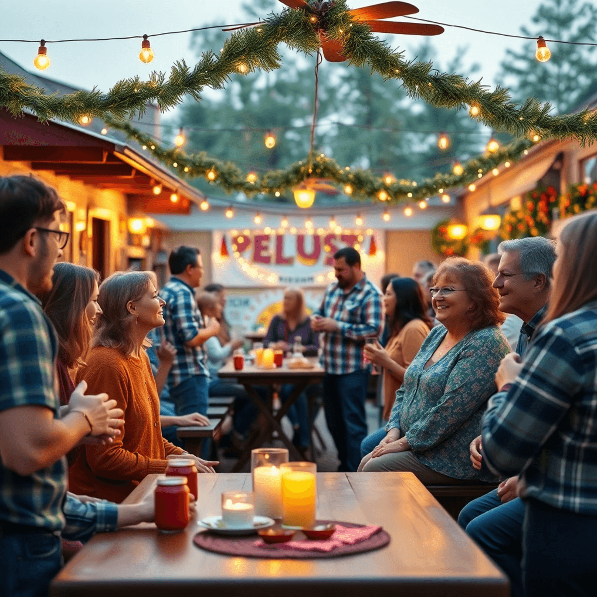 A lively community gathering in Selmont-West Selmont, Alabama, showcasing singles engaged in conversation and enjoying festive decorations that emb...
