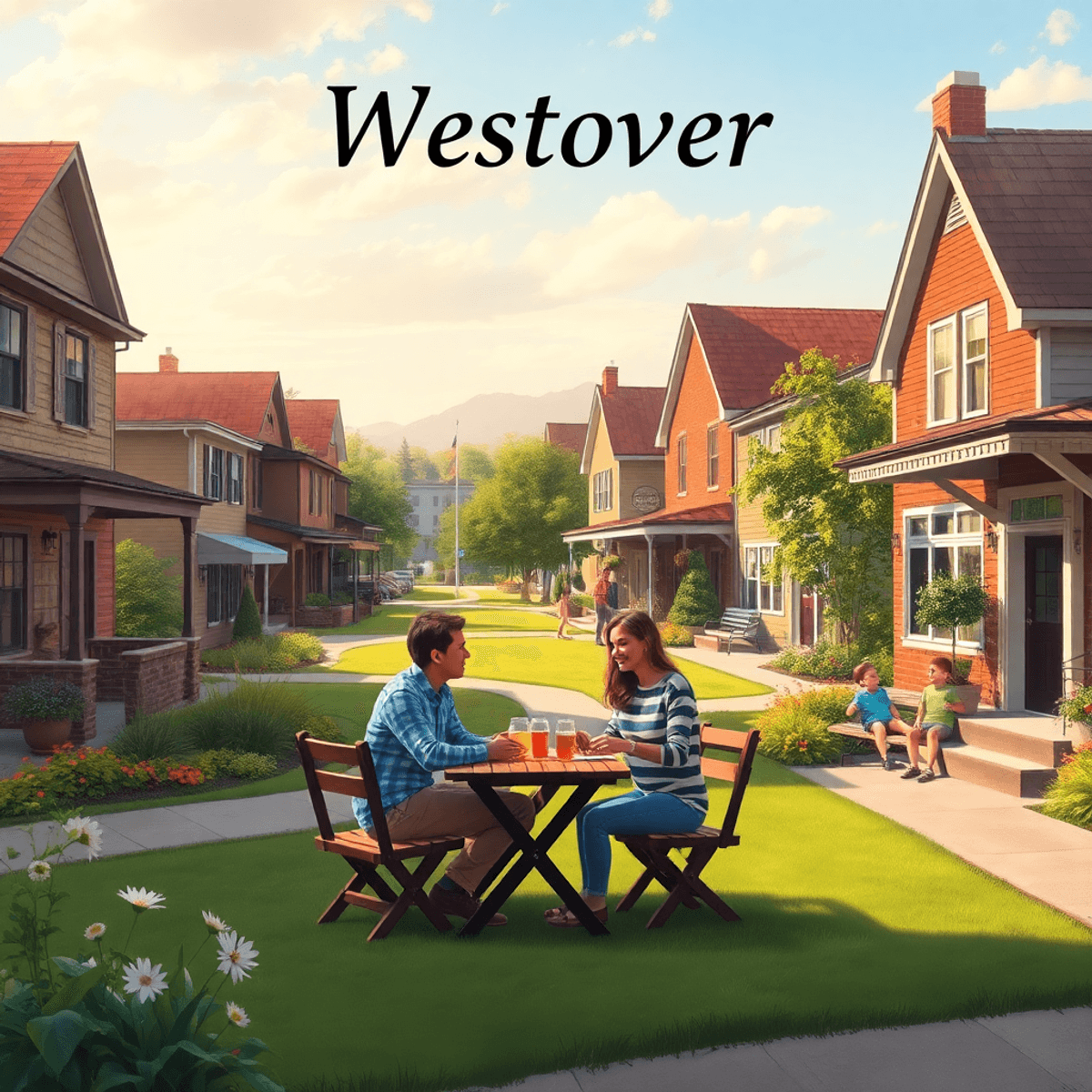 A cozy community park in Westover, Alabama, with couples enjoying outdoor activities amidst charming architecture and lush greenery, evoking warmth...