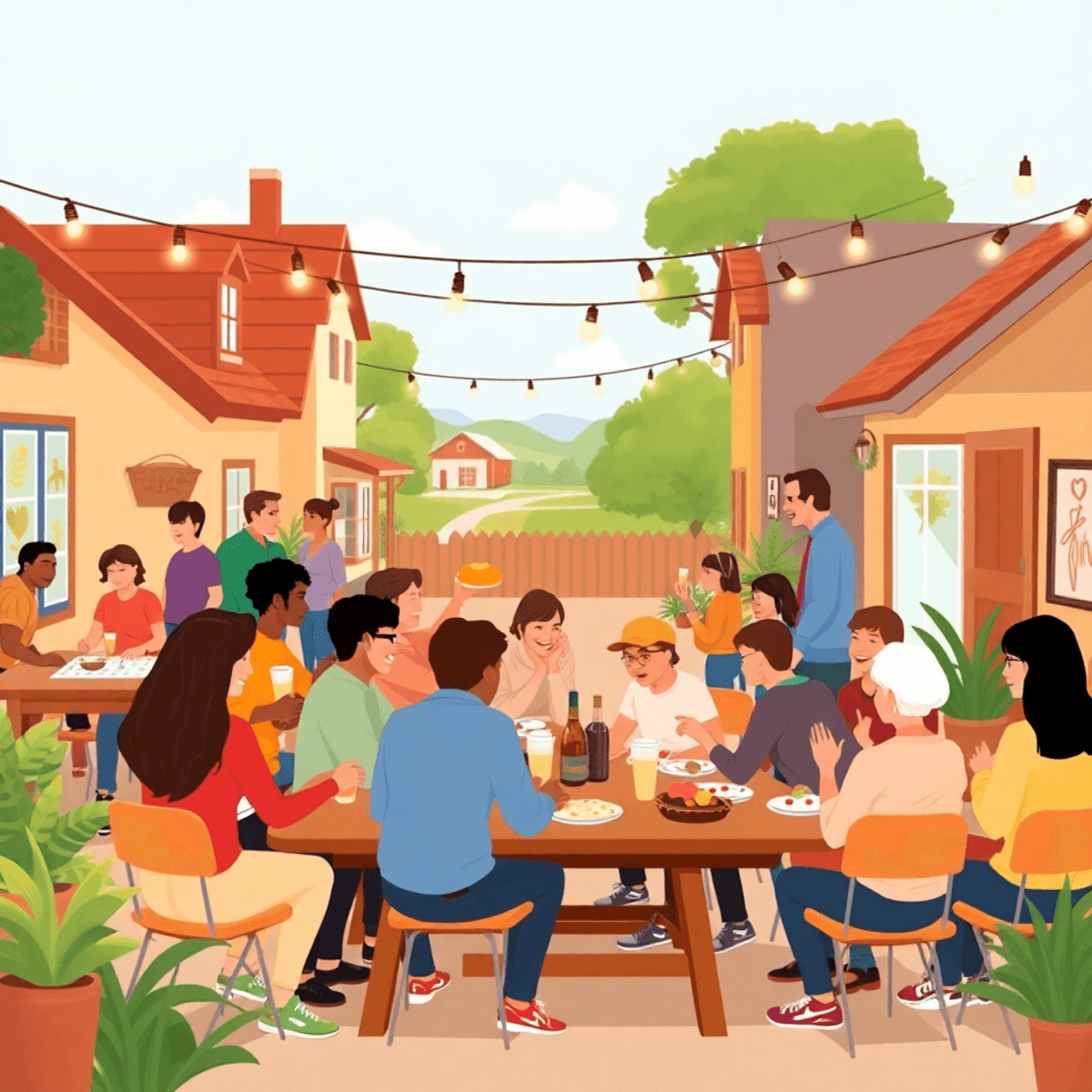 A cozy community center bustling with people enjoying game nights, potlucks, and fitness classes, creating a warm atmosphere of camaraderie and con...