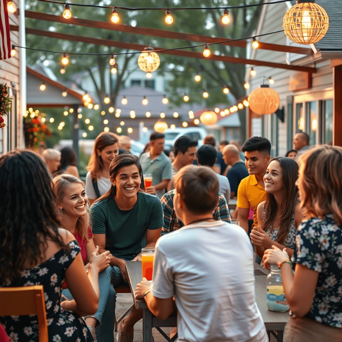 A lively community event in a small town, showcasing young adults chatting and enjoying activities among outdoor seating, string lights, and festiv...