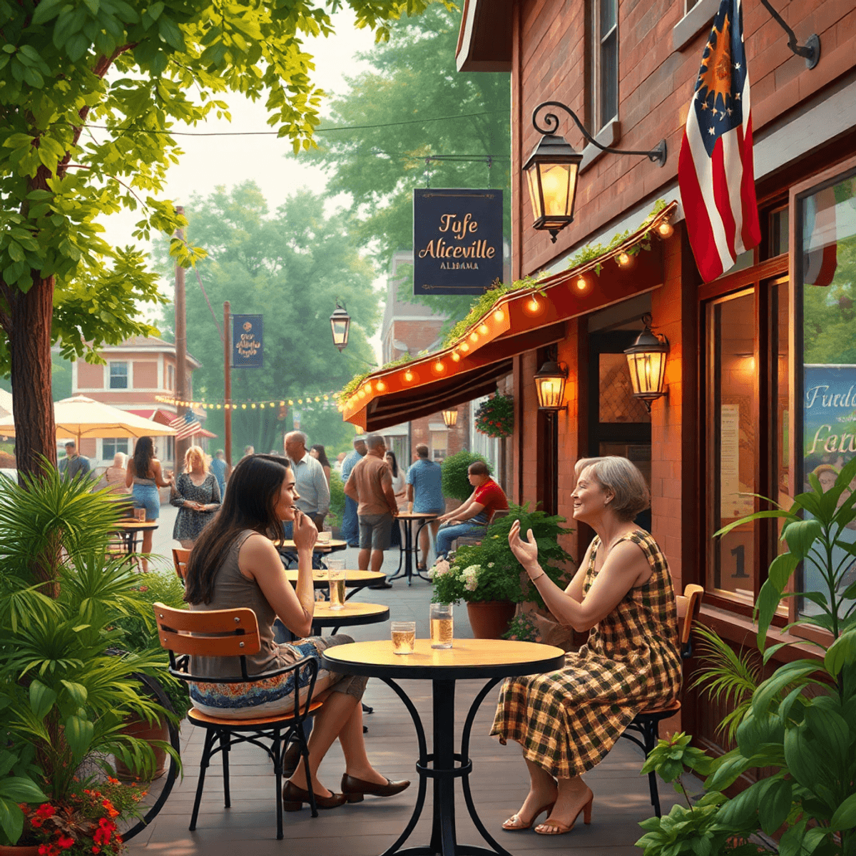 A cozy outdoor café scene in a small town, with couples engaged in conversation amidst lush greenery and lively community events, exuding warmth an...