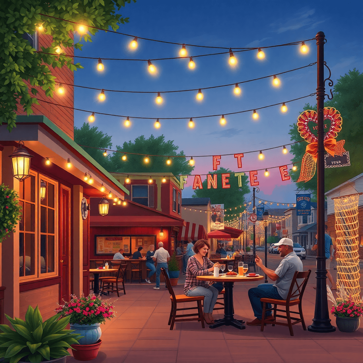 A cozy restaurant patio in Fayette, Alabama, adorned with string lights and local festival decorations, featuring a couple enjoying a meal together...