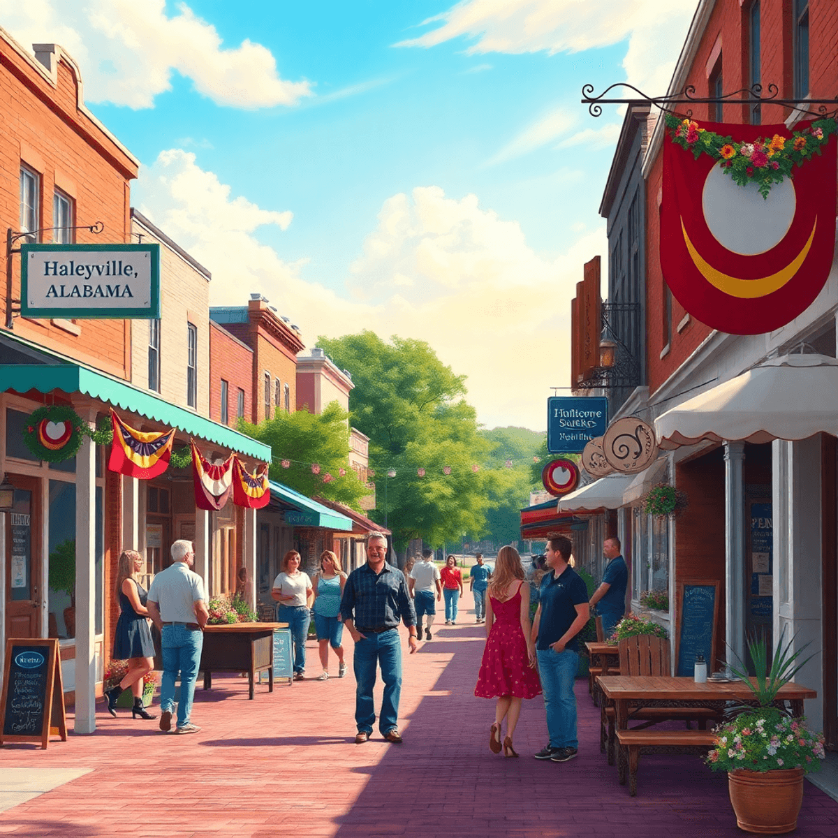 A picturesque small-town street in Haleyville, Alabama, with charming shops, friendly conversations, colorful banners, and a warm atmosphere inviti...
