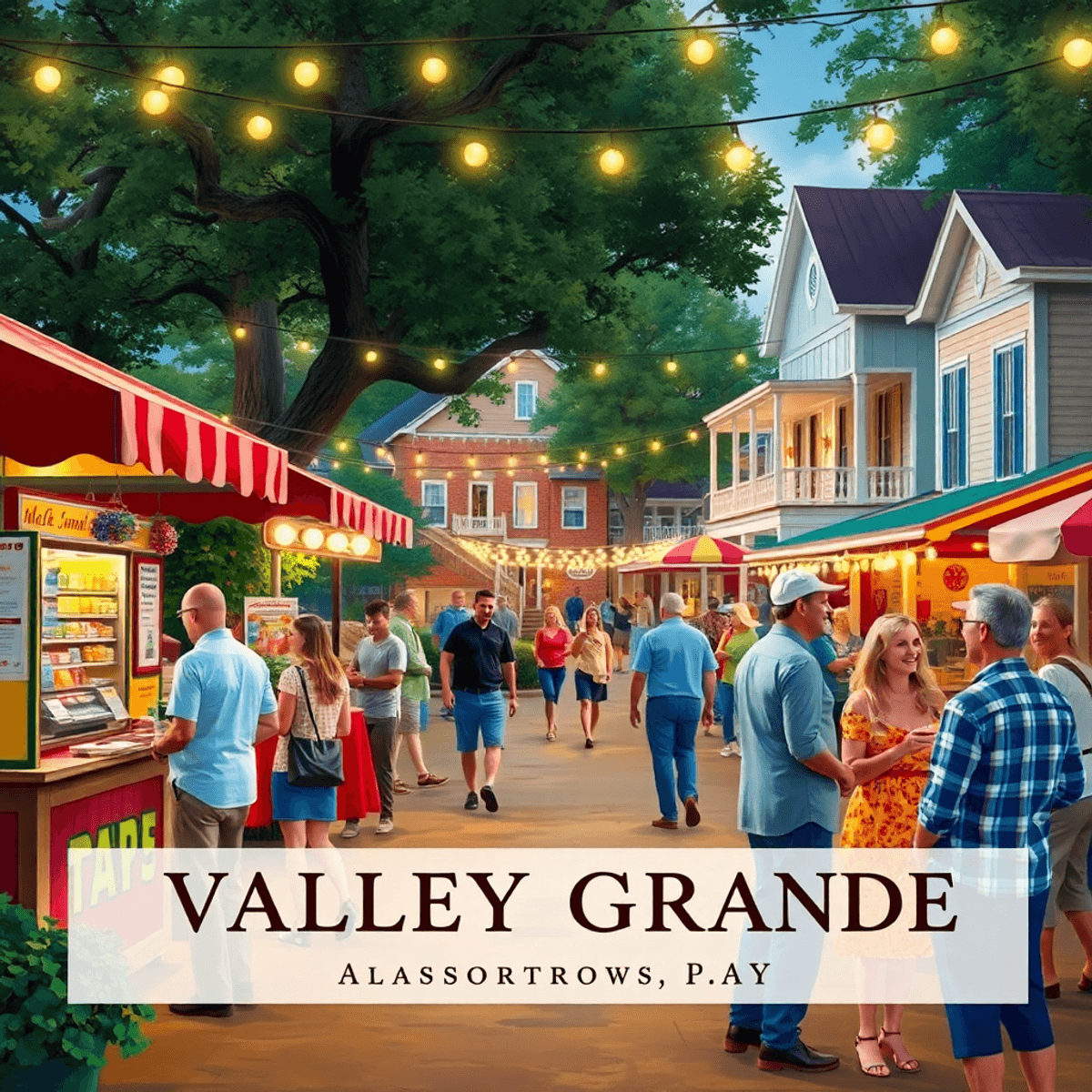 A vibrant small-town festival in Valley Grande, Alabama, featuring colorful stalls, locals chatting, and couples enjoying the lively atmosphere und...