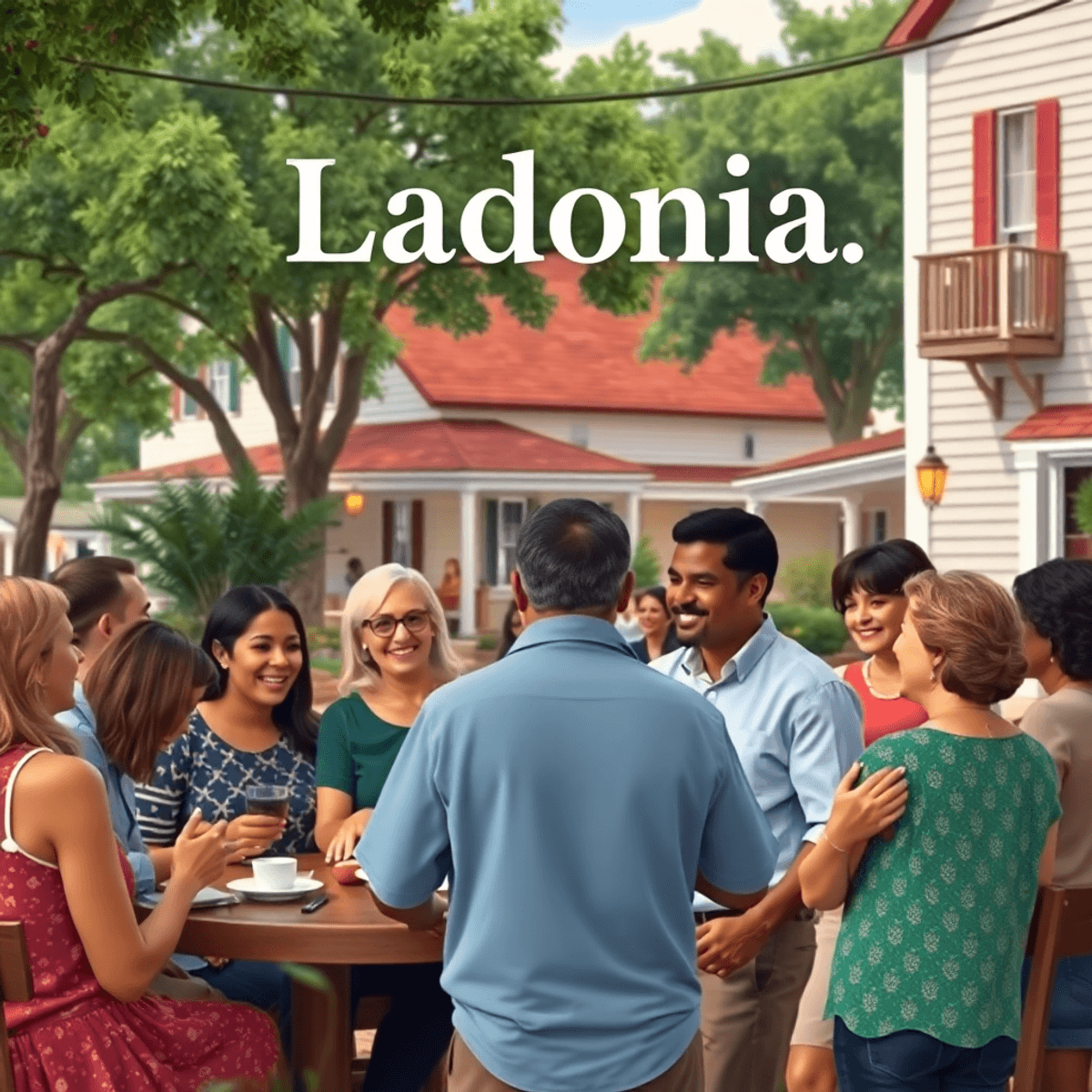 A cozy small-town gathering in Ladonia, Alabama, with people engaged in conversation amidst traditional southern architecture and lush greenery.