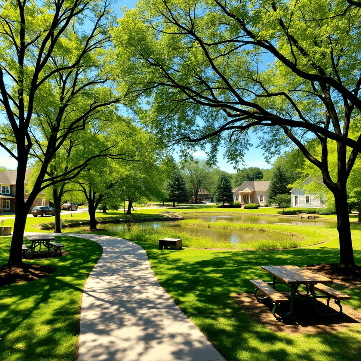 A picturesque small town park with a walking trail, serene pond, and shaded picnic areas, surrounded by vibrant greenery and clear blue skies.