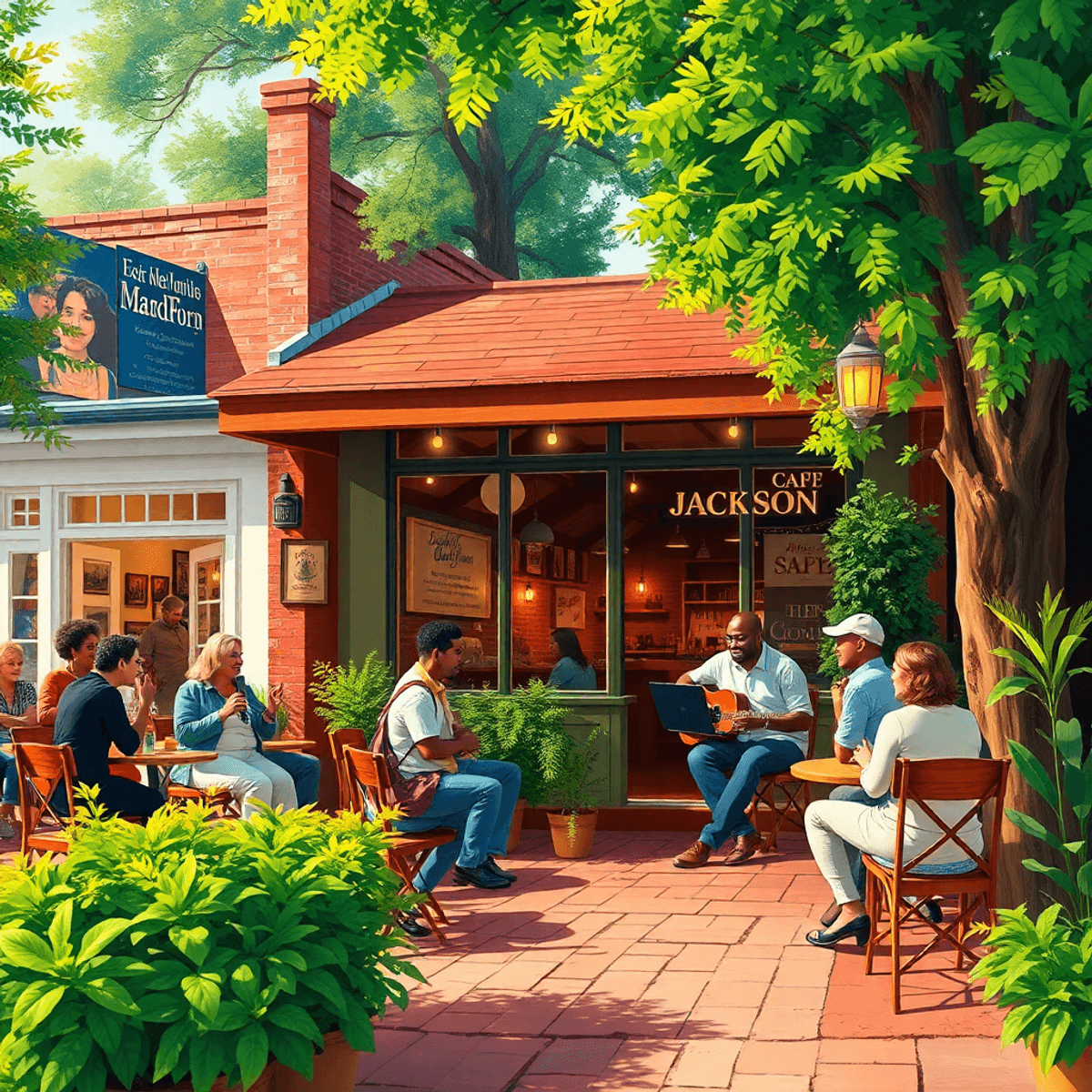 A cozy café with outdoor seating and live music, surrounded by greenery, bustling with people enjoying conversation in a charming small-town setting.