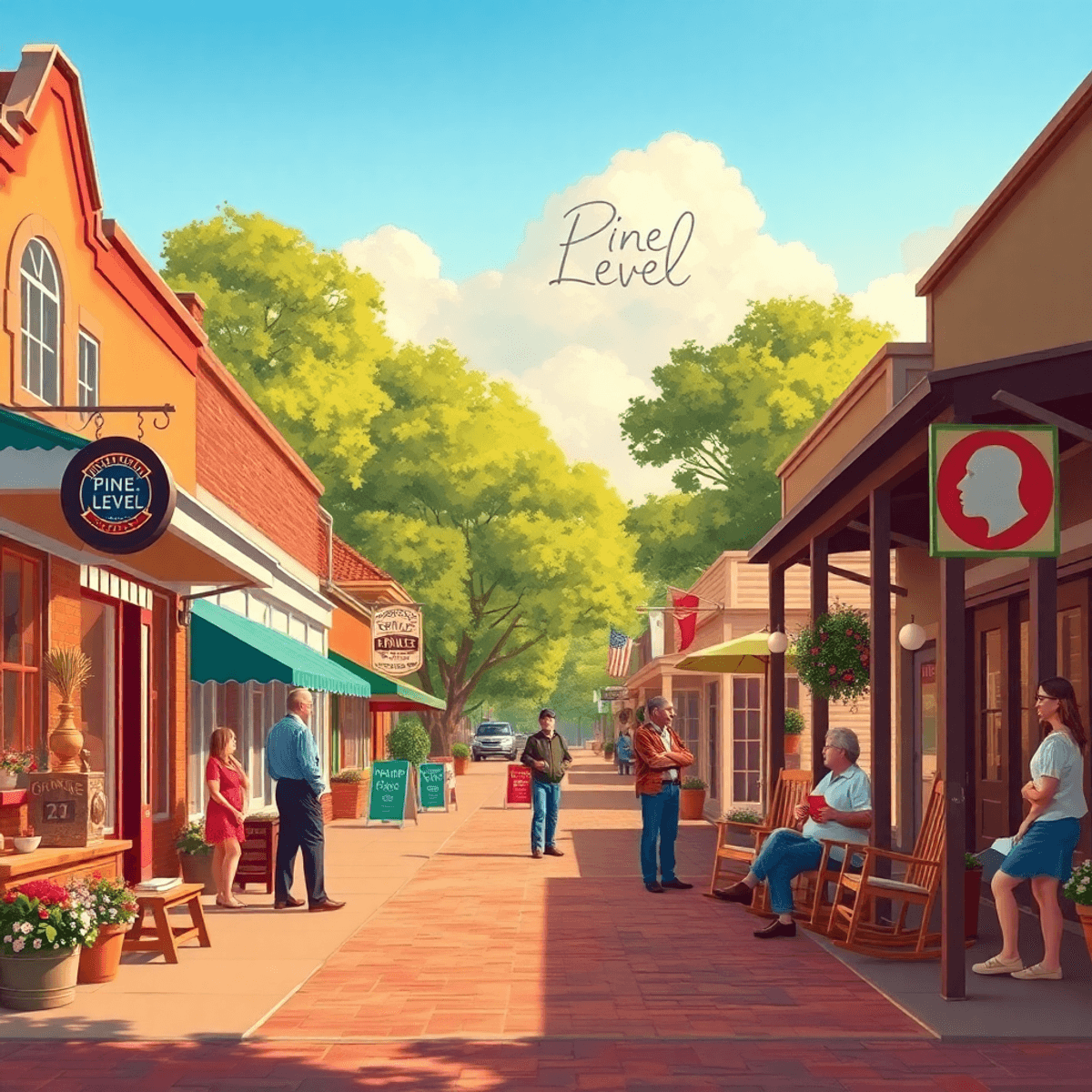 A cozy small-town street in Pine Level, Alabama, with charming storefronts, welcoming porches with rocking chairs, and locals chatting, reflecting ...