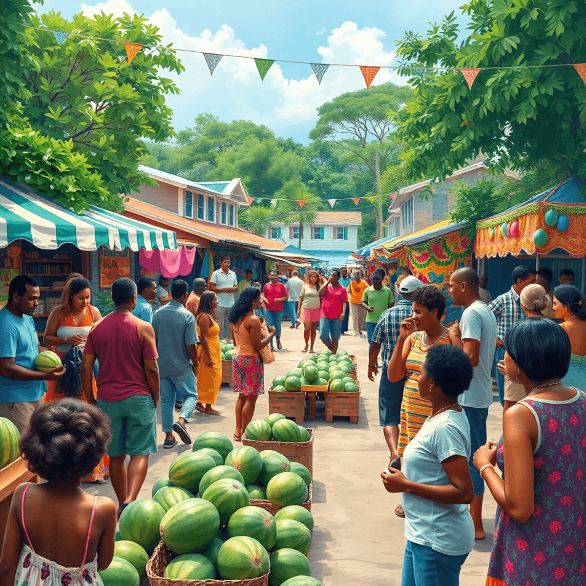 A lively community festival in a coastal town, featuring colorful stalls, people enjoying live music, and festive decorations amidst greenery, capt...
