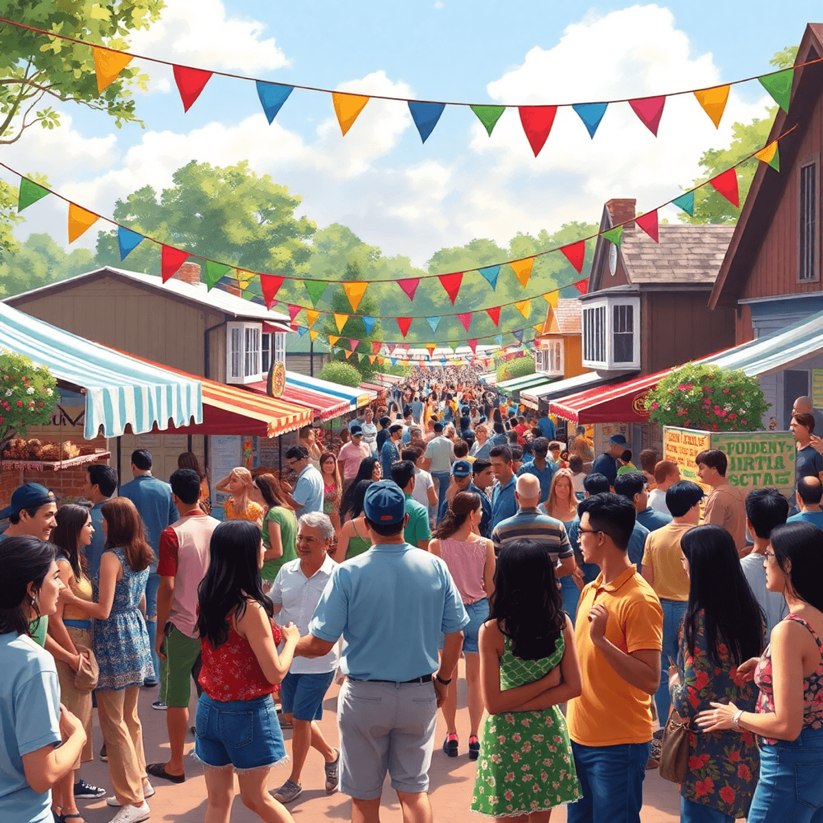 A lively community festival with colorful decorations, food stalls, and people mingling. Attendees dance and chat, set against local landmarks in a...