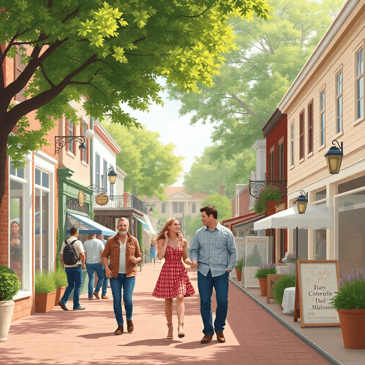 A picturesque small-town street in Citronelle, Alabama, showcasing local shops, couples enjoying outdoor activities, and vibrant community events a...