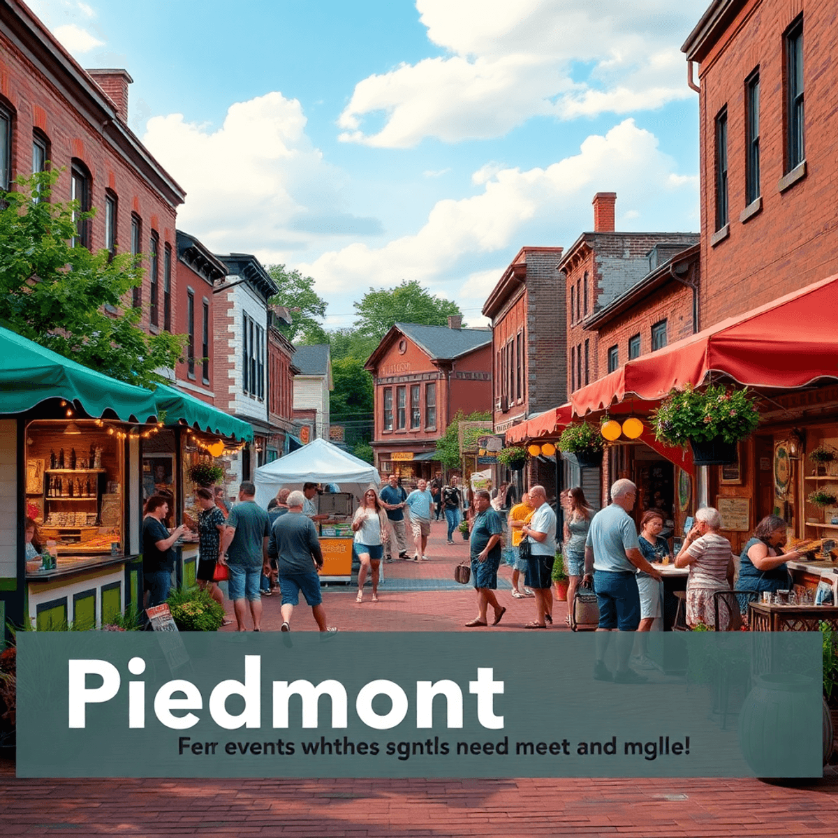 A vibrant outdoor festival in a small town, featuring colorful stalls, people enjoying live music, and a warm, joyful community atmosphere.