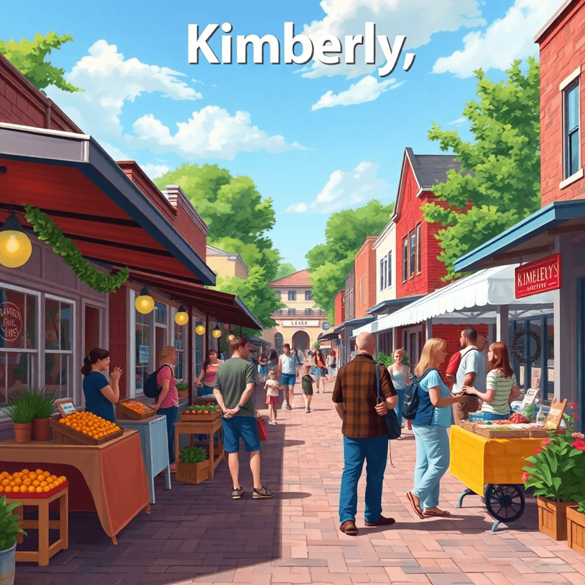 A lively small-town street in Kimberly, Alabama, filled with colorful stalls at a farmers market, people chatting, quaint shops, and lush greenery,...
