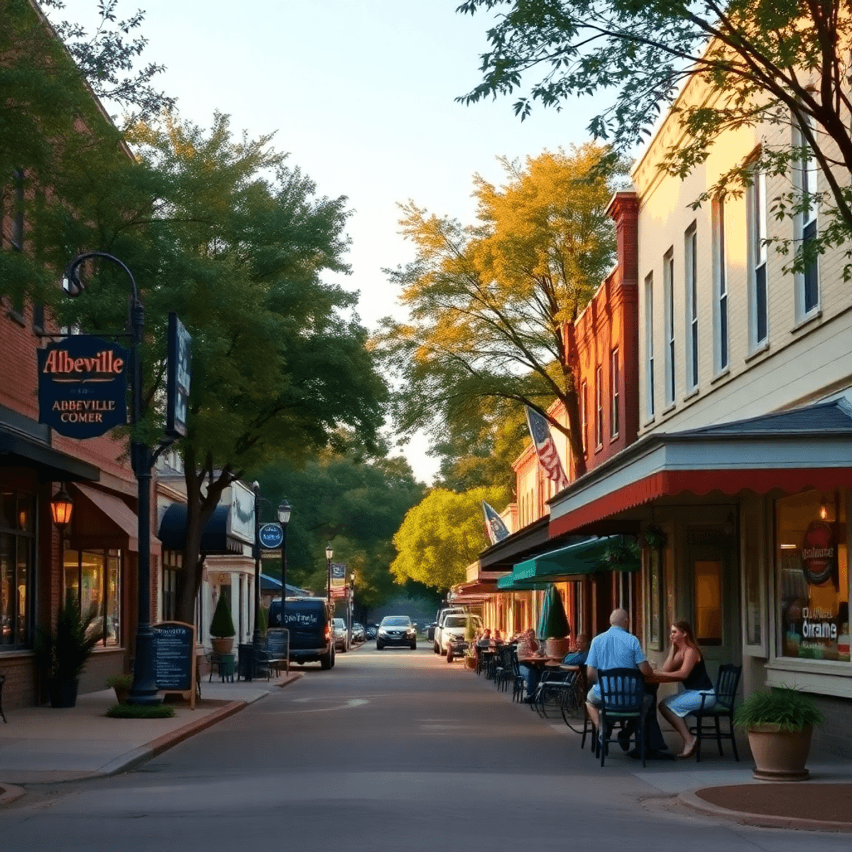 A cozy small-town street in Abbeville, Alabama, featuring trees and quaint shops, with a couple enjoying each other's company at a diner under warm...