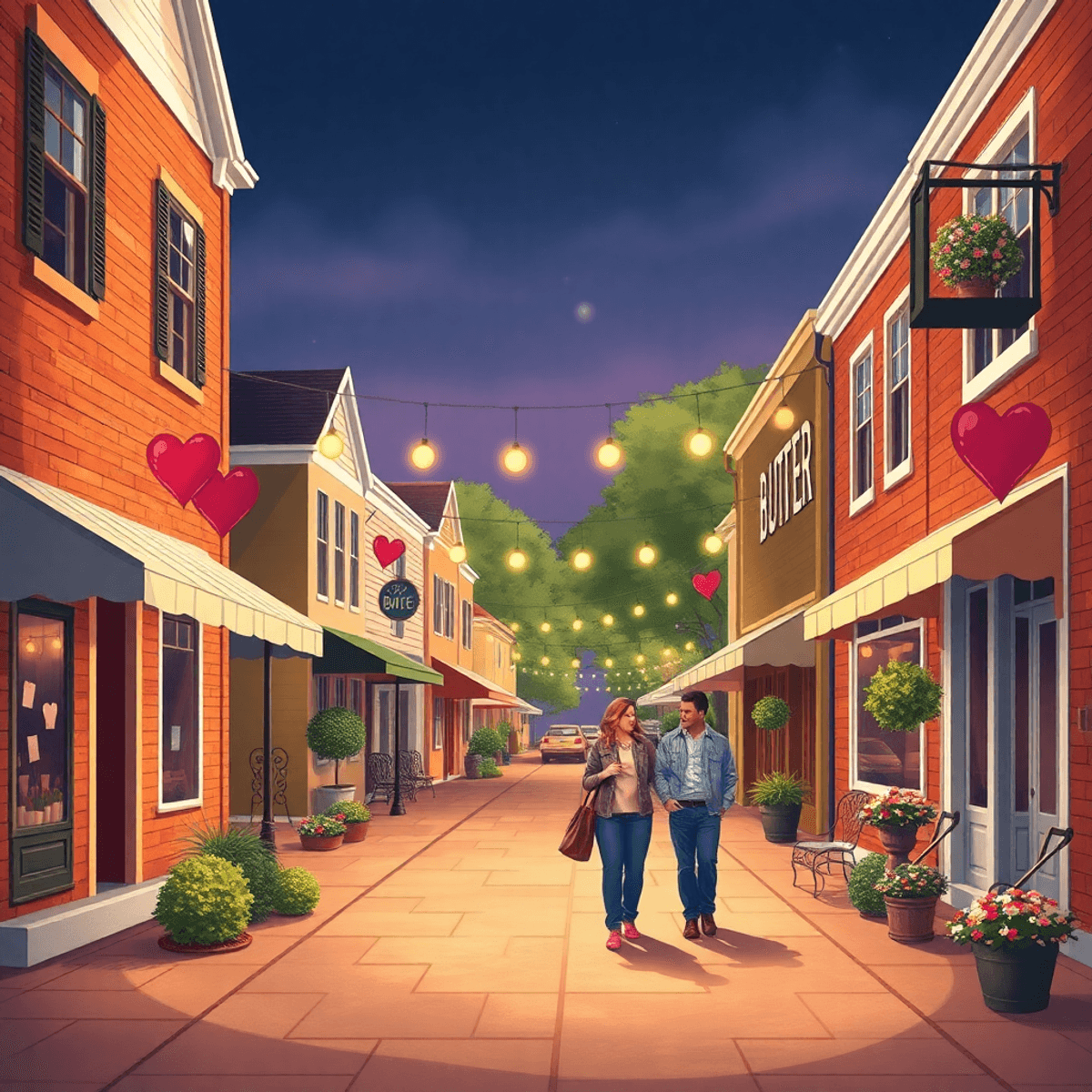 A quaint small-town street with charming houses and a local cafe, featuring a couple walking hand-in-hand amidst heart-shaped decorations, radiatin...