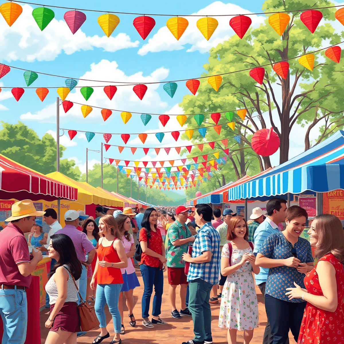 A lively local festival in Hartford, Alabama, with colorful decorations, food stalls, and people happily mingling, enjoying activities that reflect...