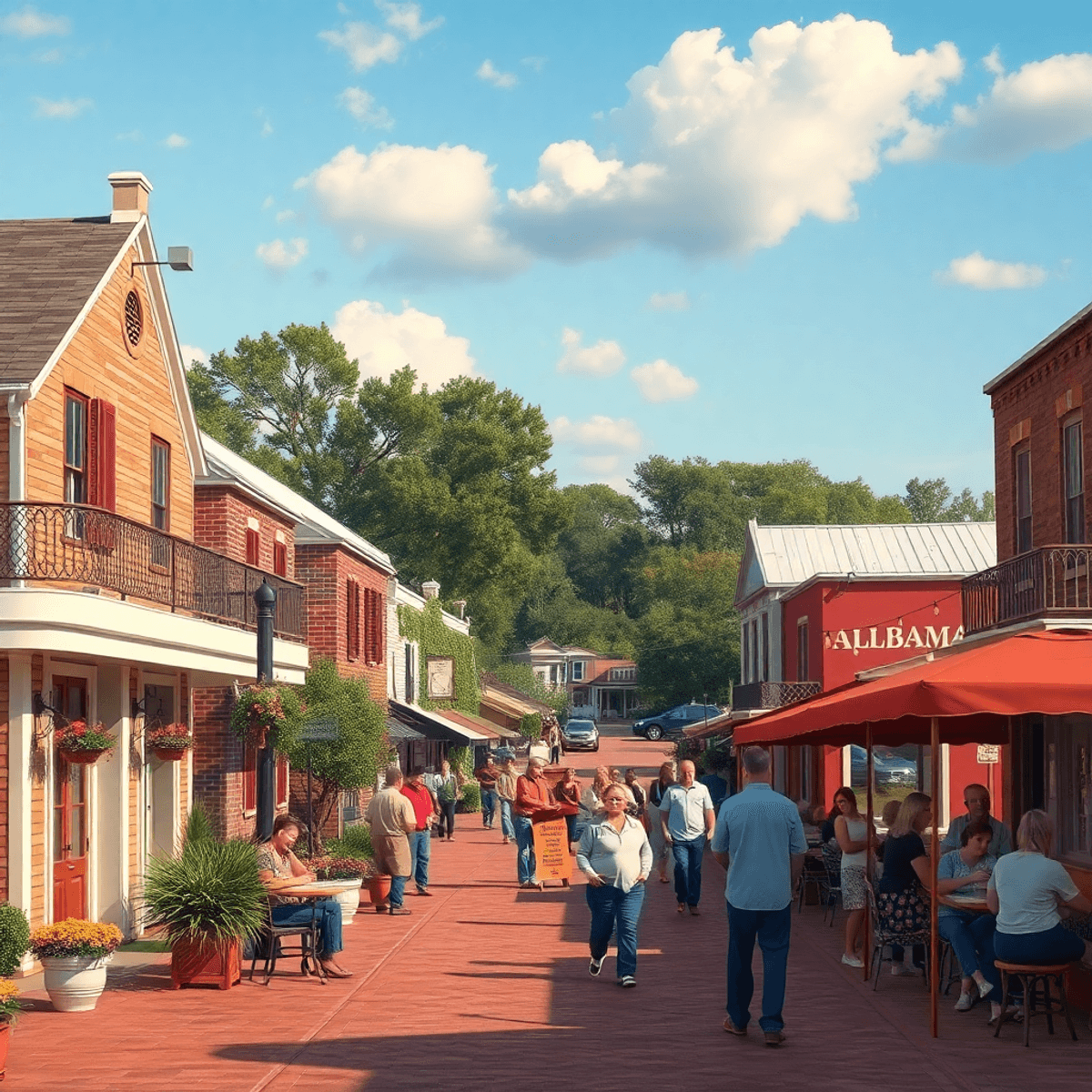 A charming small town scene in Alabama with Southern architecture, community gatherings, and people enjoying friendly conversations in a warm, invi...