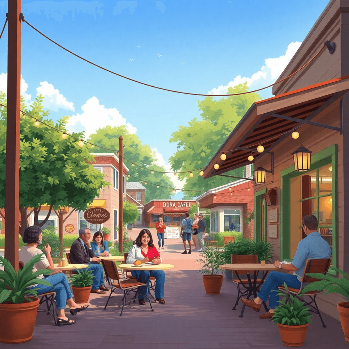 A cozy café with outdoor seating surrounded by greenery, where community members engage in friendly conversations, creating a warm and inviting sma...