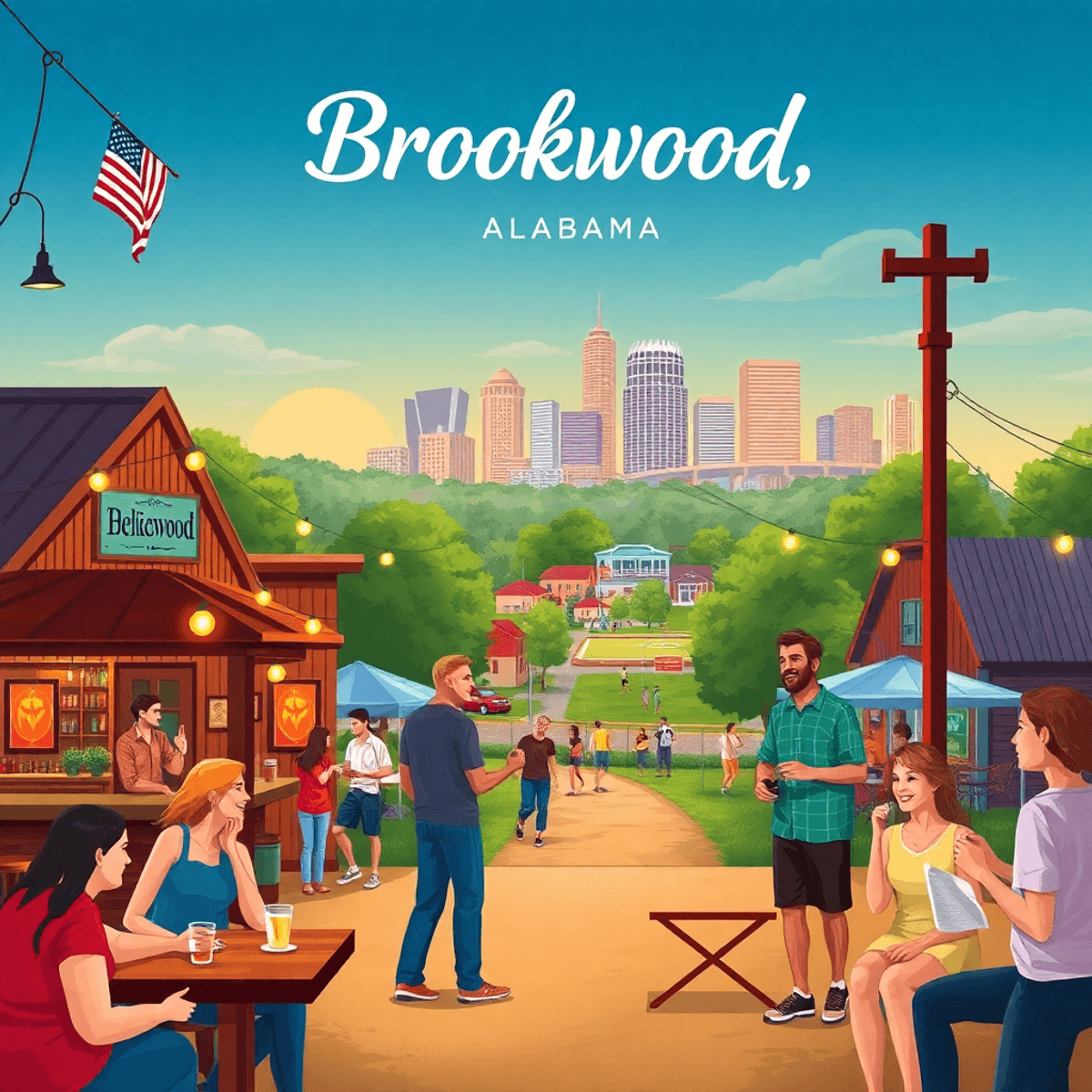 A lively small-town scene in Brookwood, Alabama, featuring people enjoying trivia night at a bar and outdoor sports leagues, with the Birmingham sk...