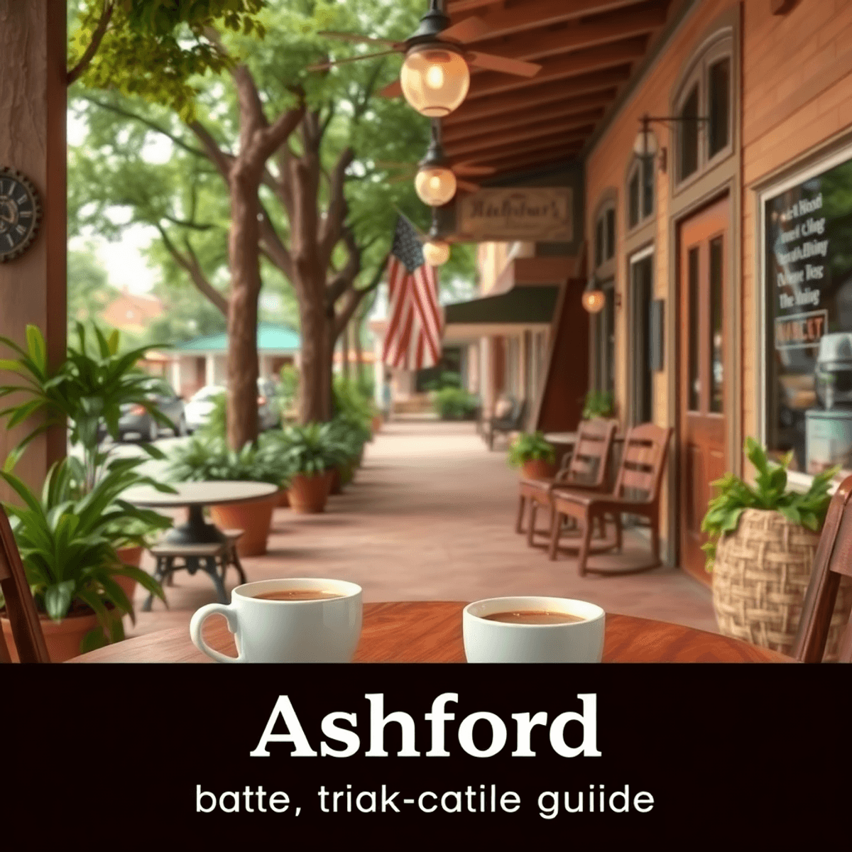 A cozy café in a small town with two coffee cups on a table, surrounded by greenery and charming Southern-style architecture, exuding warmth and co...