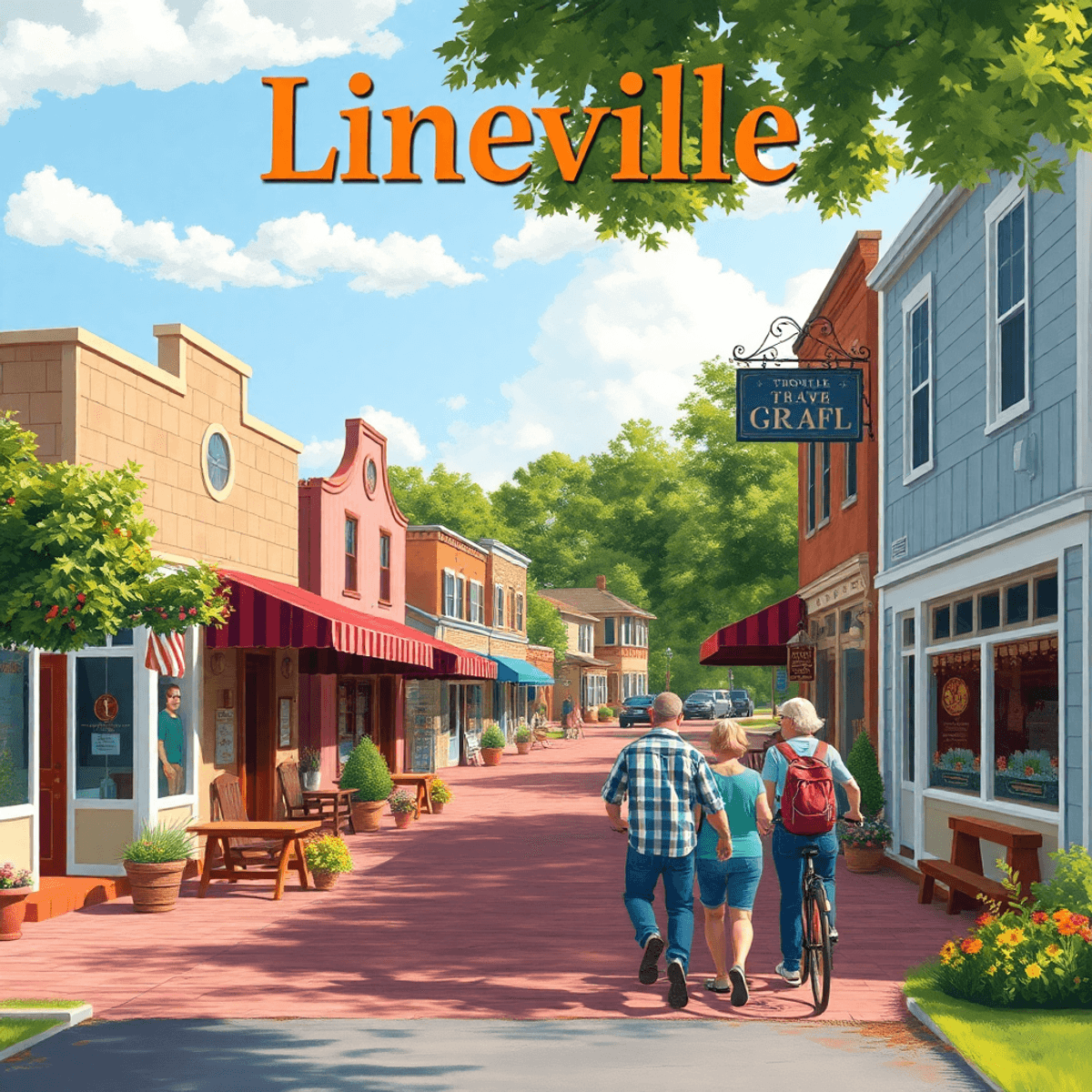 A charming small-town main street in Lineville, Alabama, with local shops and a cozy cafe, featuring couples walking and biking, embodying warmth a...