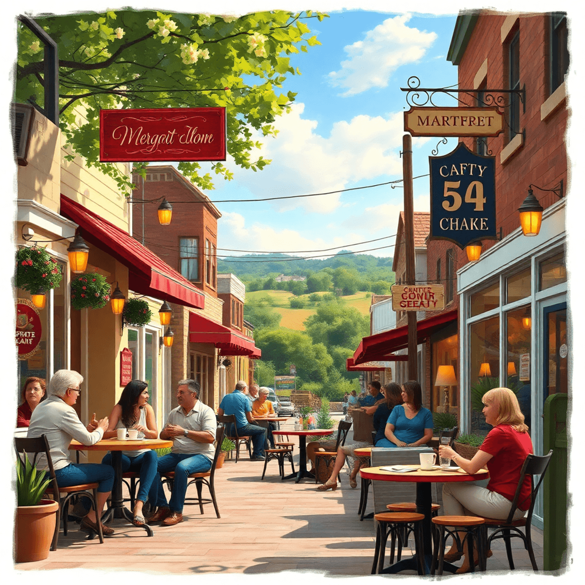 A cozy small town cafe scene in Alabama, featuring people chatting and a couple enjoying coffee, with signs for local events in a warm, inviting at...