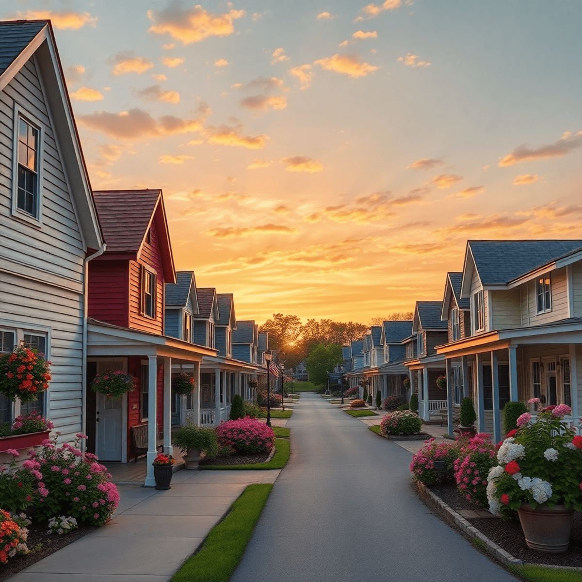 A charming small-town street in Springville, Alabama, featuring quaint houses and blooming flowers, illuminated by a warm sunset.