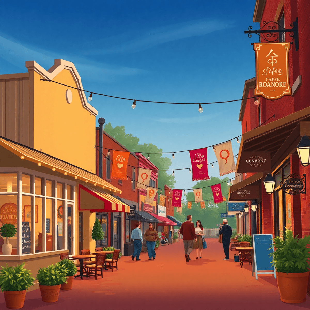 A charming small-town street in Roanoke, Alabama, lined with cozy cafes and community event banners, radiating warmth and a vibrant atmosphere.