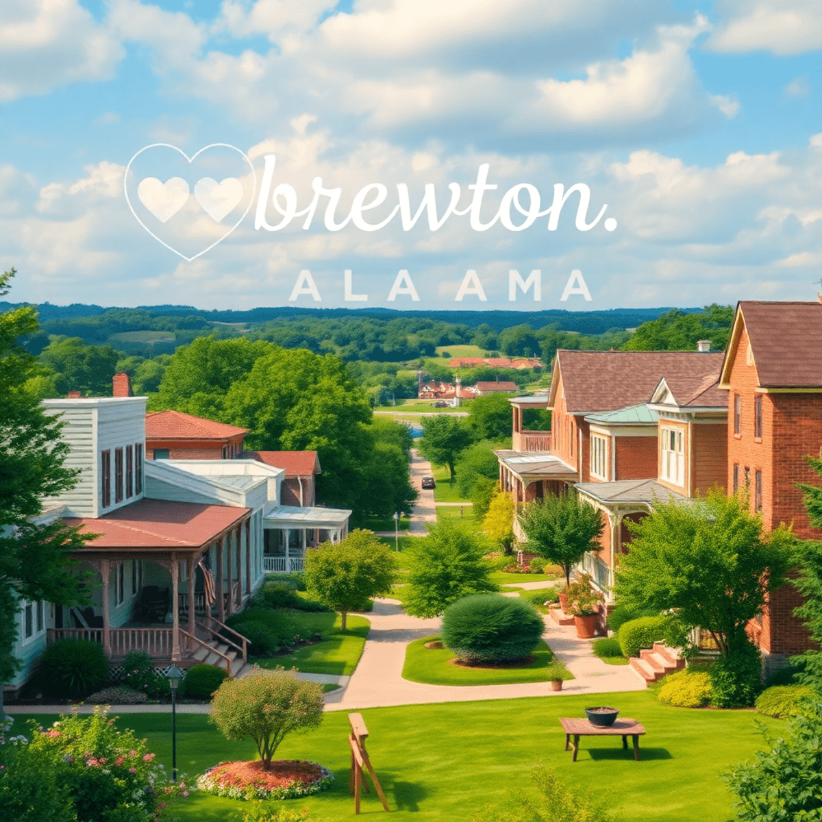 A scenic view of Brewton, Alabama, showcasing Southern architecture amidst lush greenery, with heart shapes subtly integrated into the landscape, e...