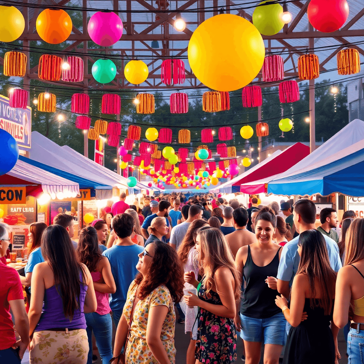 A lively festival scene in Rainsville, Alabama, with colorful decorations, food stalls, and a cheerful crowd enjoying live music under string light...